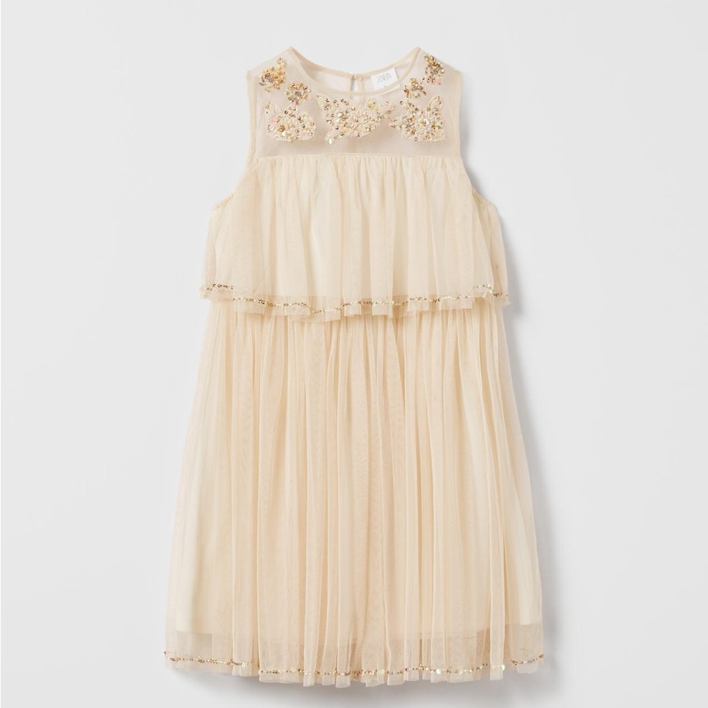 Zara Rhinestone Embroidered Tulle Dress Girls Ecru Formal Dress Size 7
